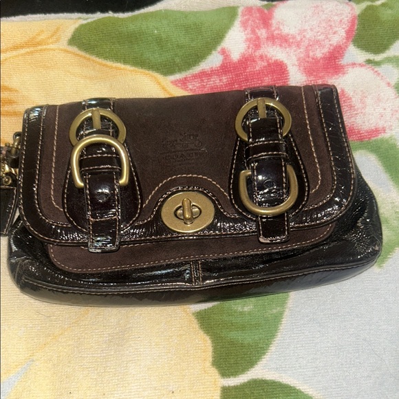 Coach Dark Brown Clutch with Gold Buckles - Picture 1 of 5